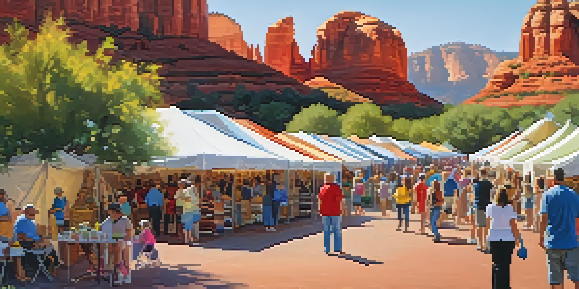 Families enjoying the Sedona Arts Festival with artists displaying colorful artwork and children participating in hands-on workshops.