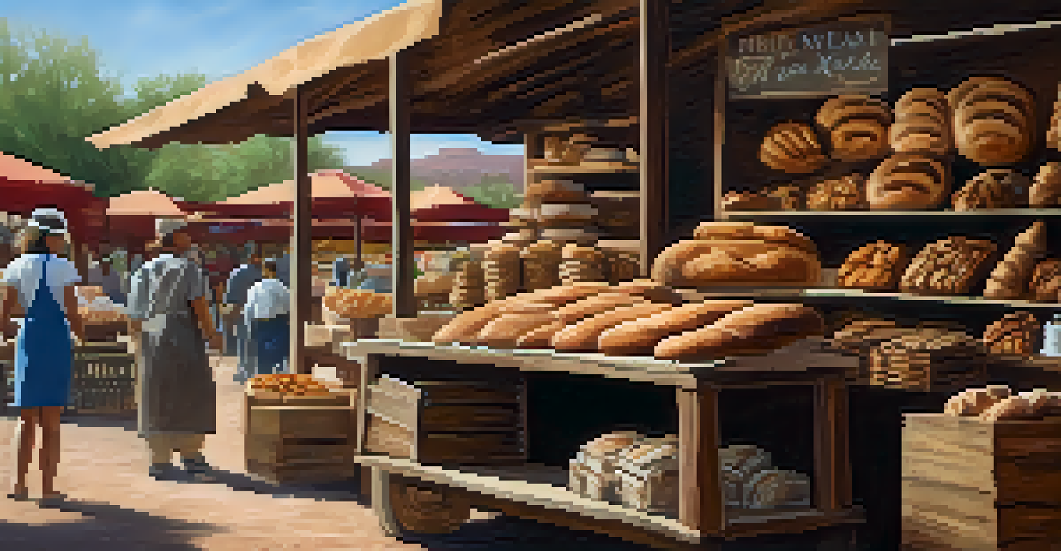 A baker's stall with a variety of artisanal breads and pastries, showcasing a warm and inviting atmosphere.