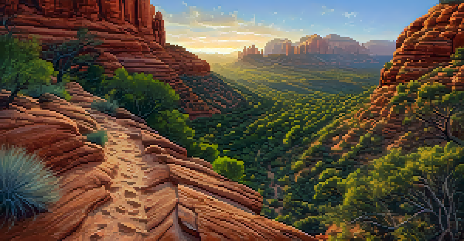 Aerial view of Boynton Canyon trail in Sedona, with winding paths through red rocks and lush greenery during golden hour.