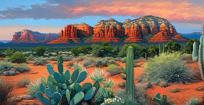 A panoramic view of red rock formations in Sedona during sunset, with warm colors in the sky and desert flora in the foreground.