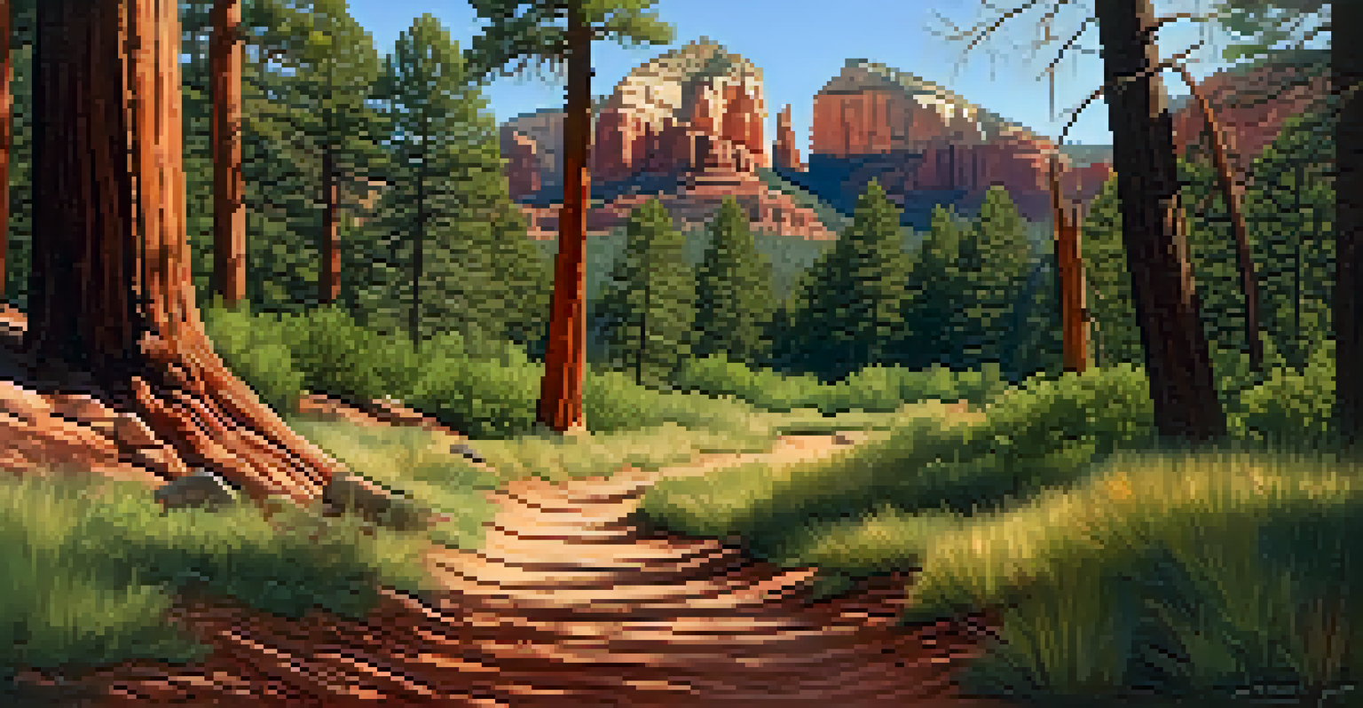 A serene forest trail in Sedona with tall trees and red rocks in the background, bathed in soft sunlight.