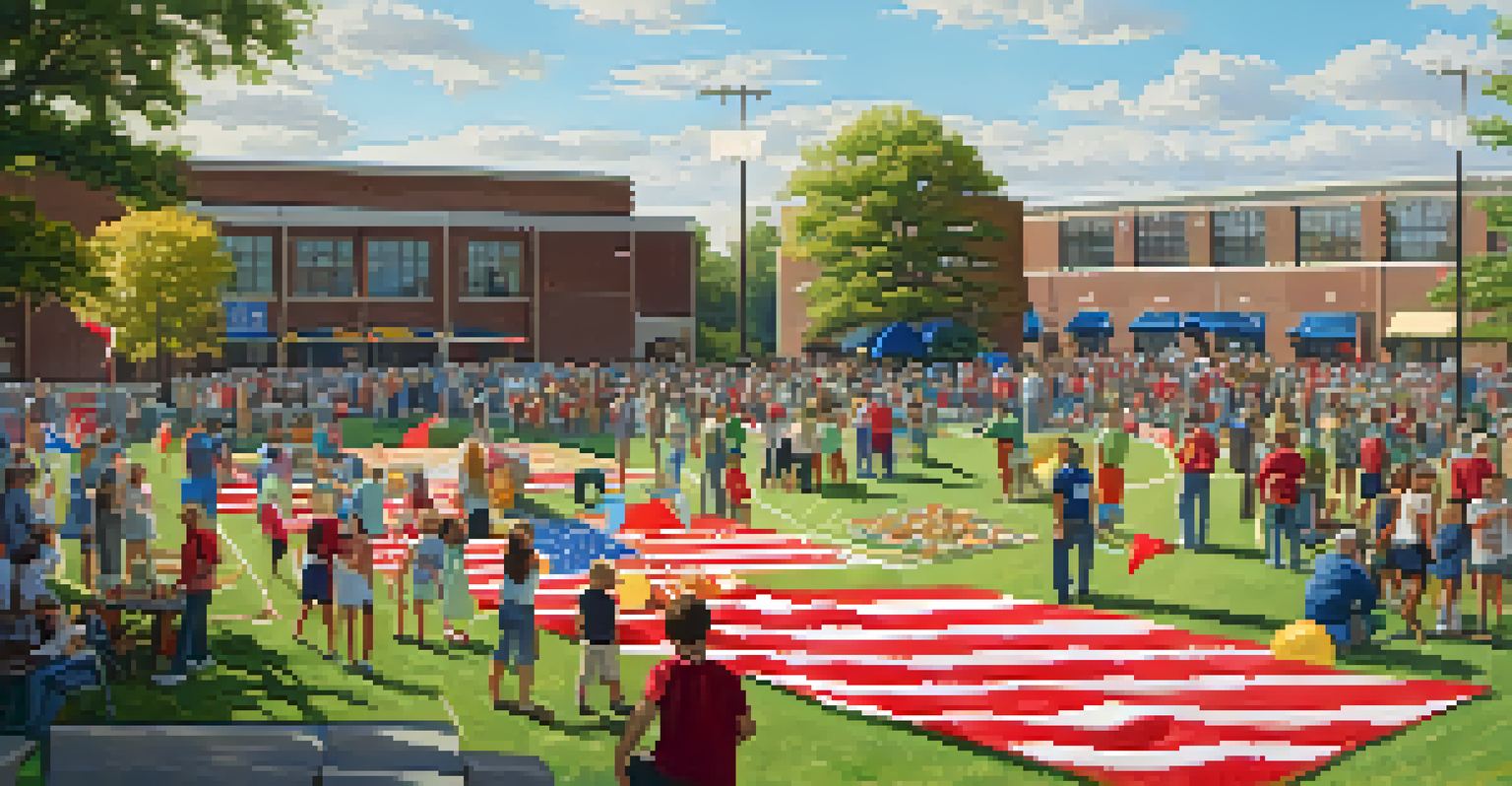 Families tailgating before a high school football game, with colorful banners and children playing, football field in the background.