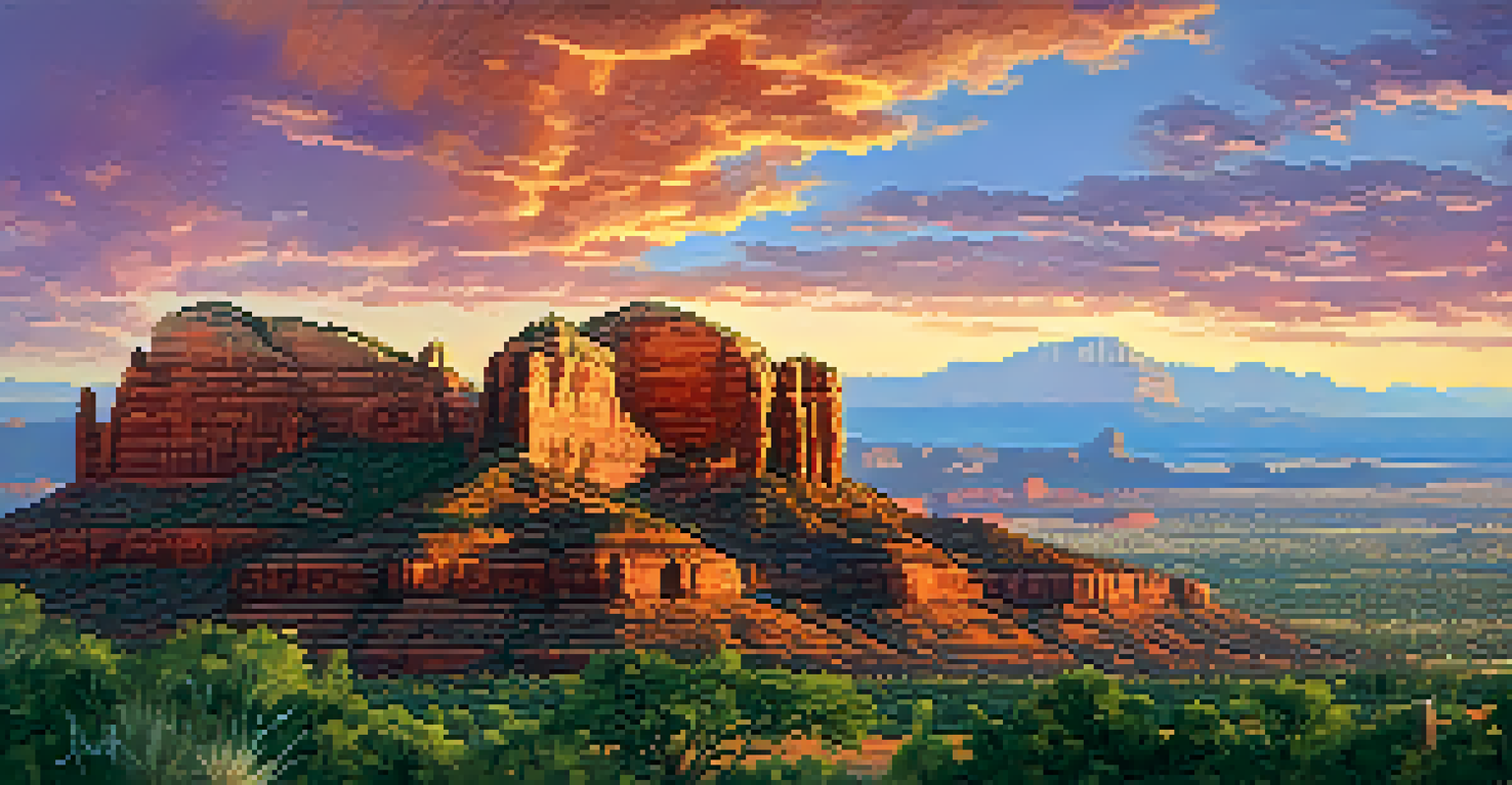 A panoramic sunset view from Airport Mesa, with vibrant orange, pink, and purple hues illuminating the red rock landscape and valley below.