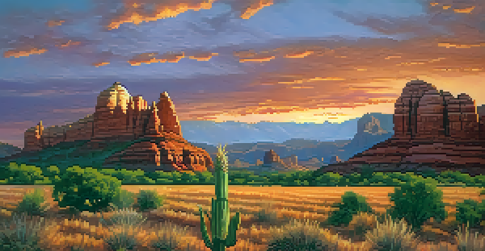 A scenic landscape of Sedona's red rocks at sunset with a foreground of a Hopi cornfield.