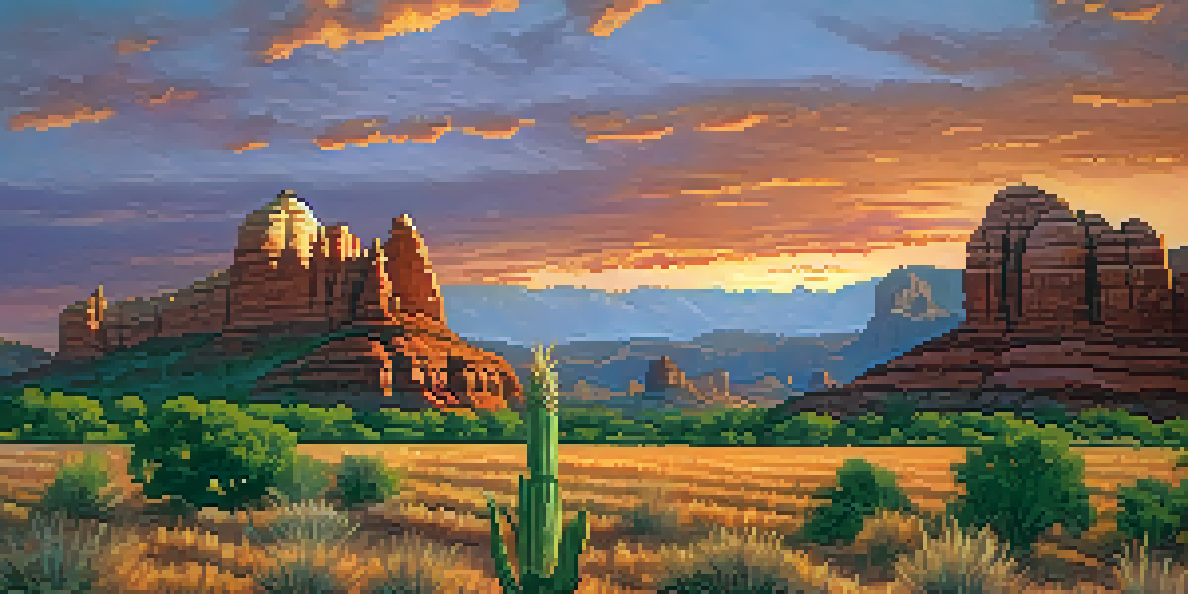 A scenic landscape of Sedona's red rocks at sunset with a foreground of a Hopi cornfield.