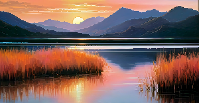 A tranquil lake at sunrise with colorful reflections and silhouetted mountains in the background.