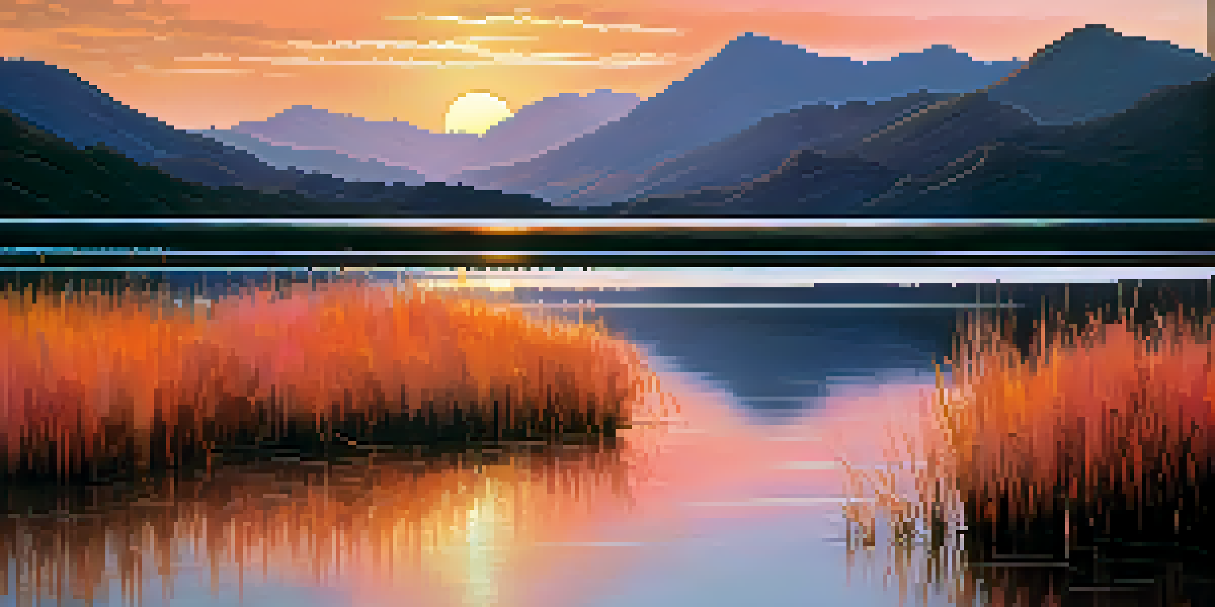 A tranquil lake at sunrise with colorful reflections and silhouetted mountains in the background.