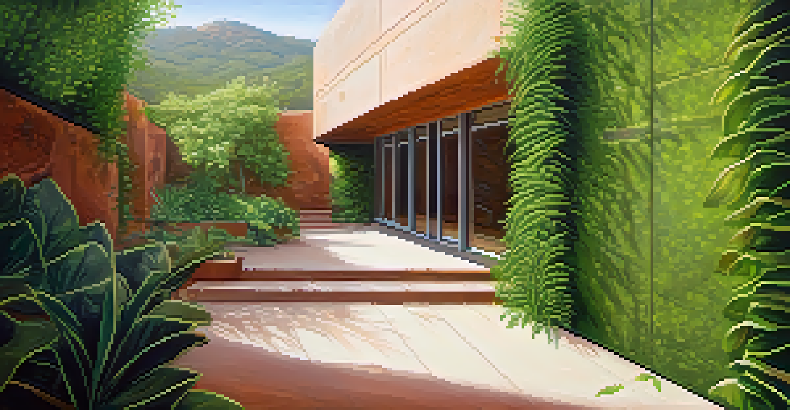 Close-up of a living wall with green plants on an eco-friendly building in Sedona, with sunlight filtering through the leaves.