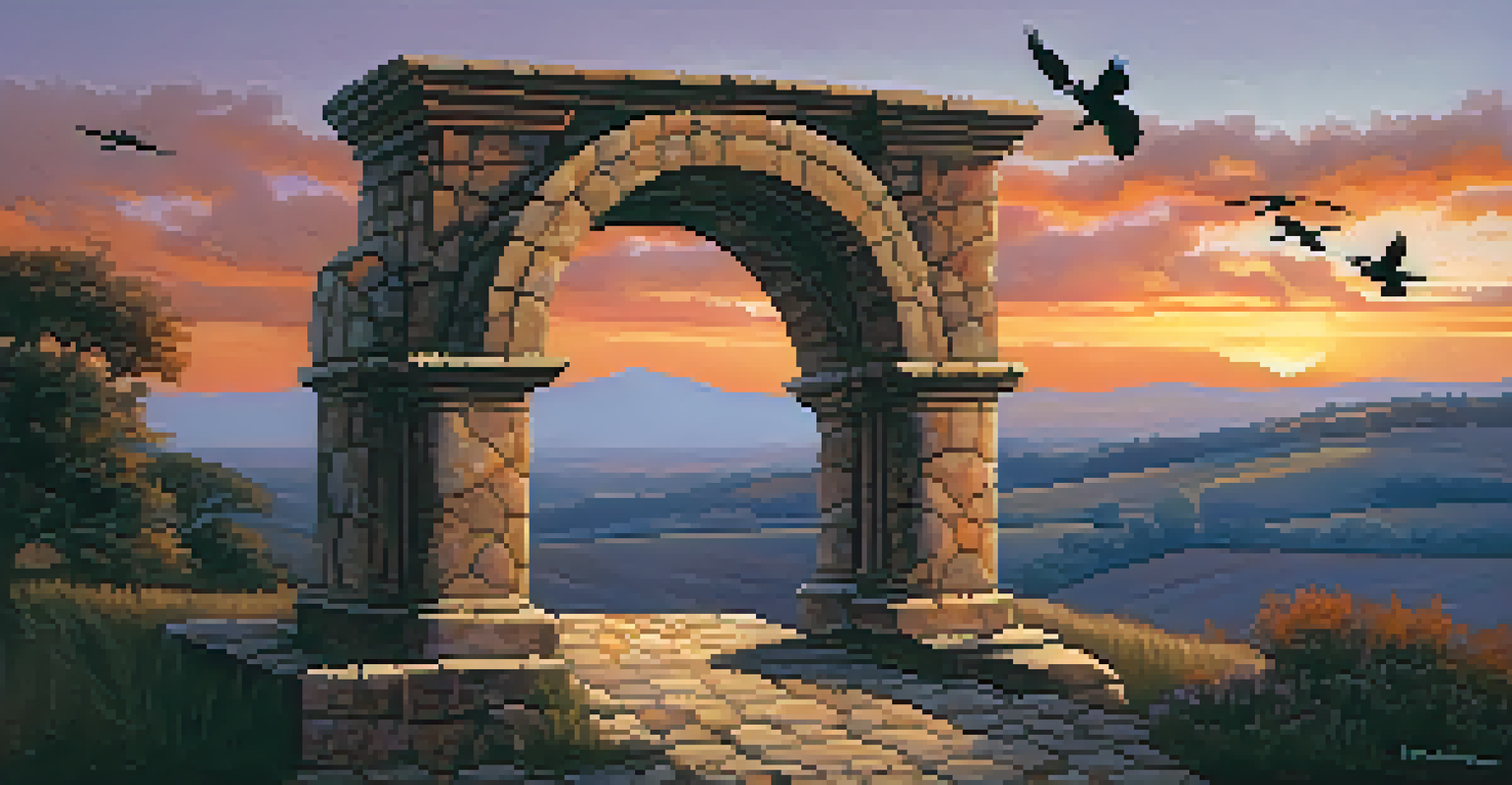 A sunset viewed through an old stone archway, with rolling hills in the background and birds flying in the sky.
