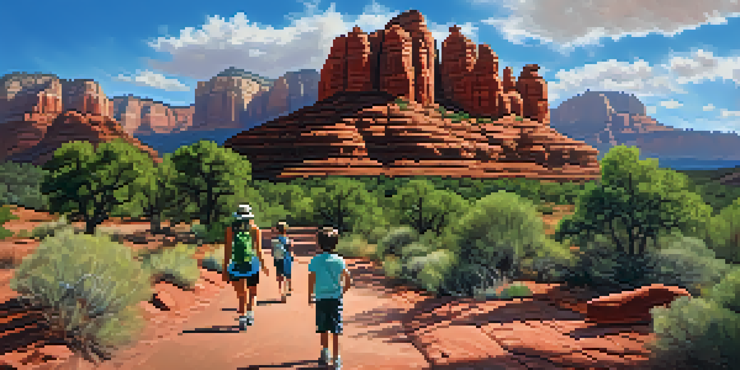 A family of four hiking on a trail in Sedona, with red rock formations in the background and greenery around them.