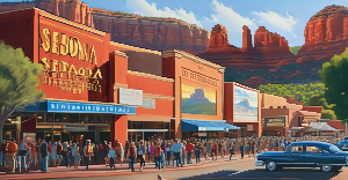 A lively outdoor scene of the Sedona International Film Festival with diverse attendees and colorful film posters.