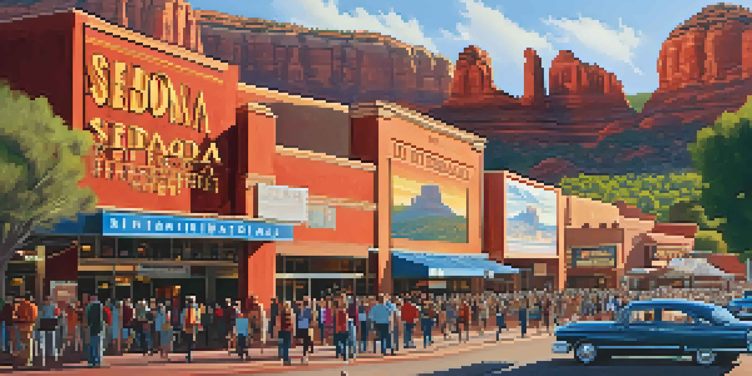 A lively outdoor scene of the Sedona International Film Festival with diverse attendees and colorful film posters.