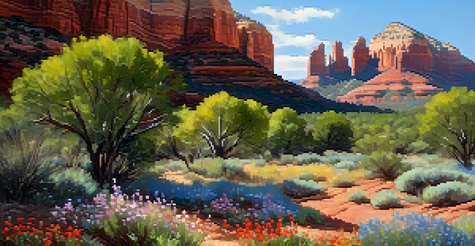 A scenic view of Sedona's red rocks with blooming wildflowers under a clear blue sky, showcasing the beauty of spring.