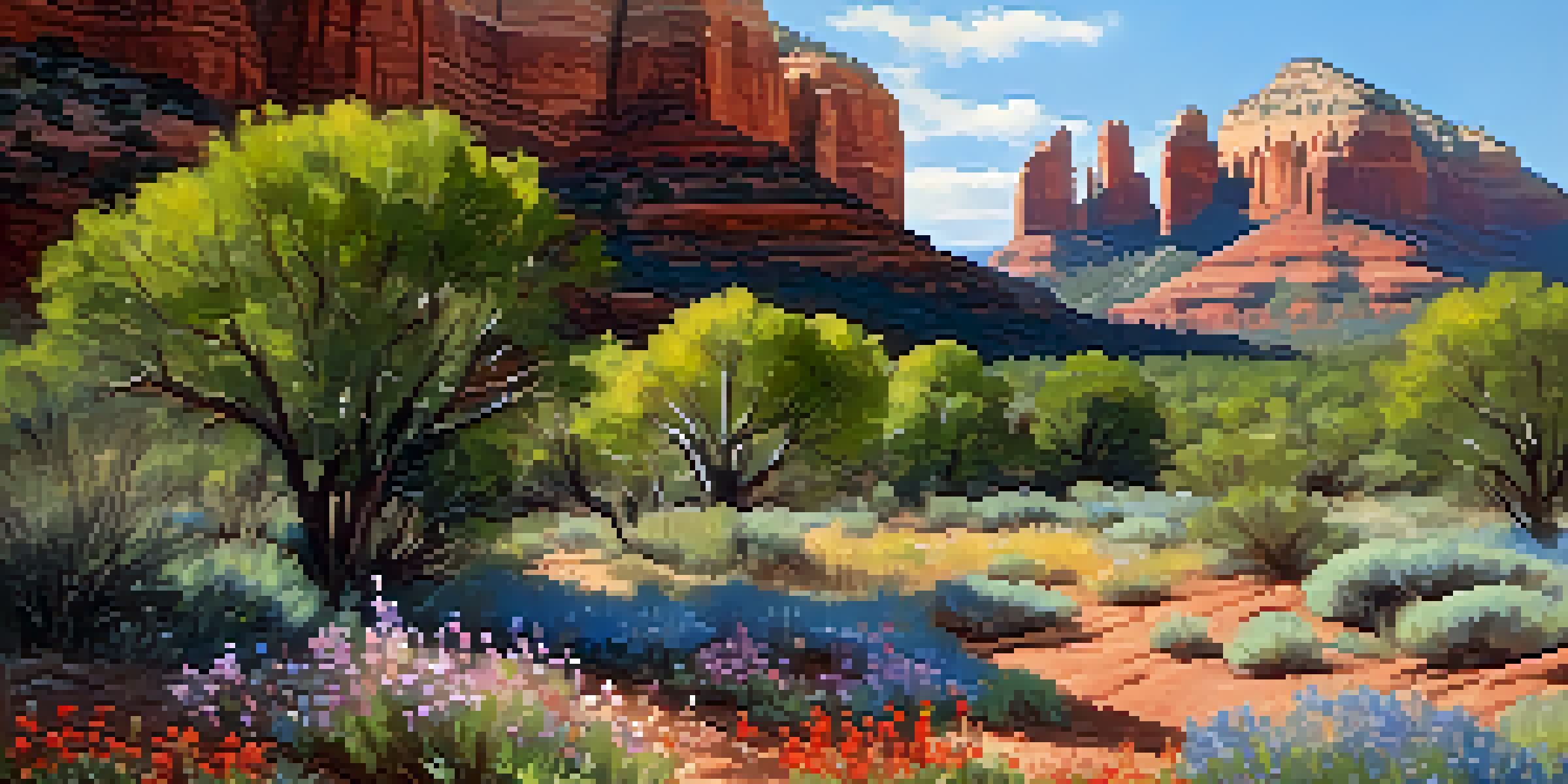 A scenic view of Sedona's red rocks with blooming wildflowers under a clear blue sky, showcasing the beauty of spring.
