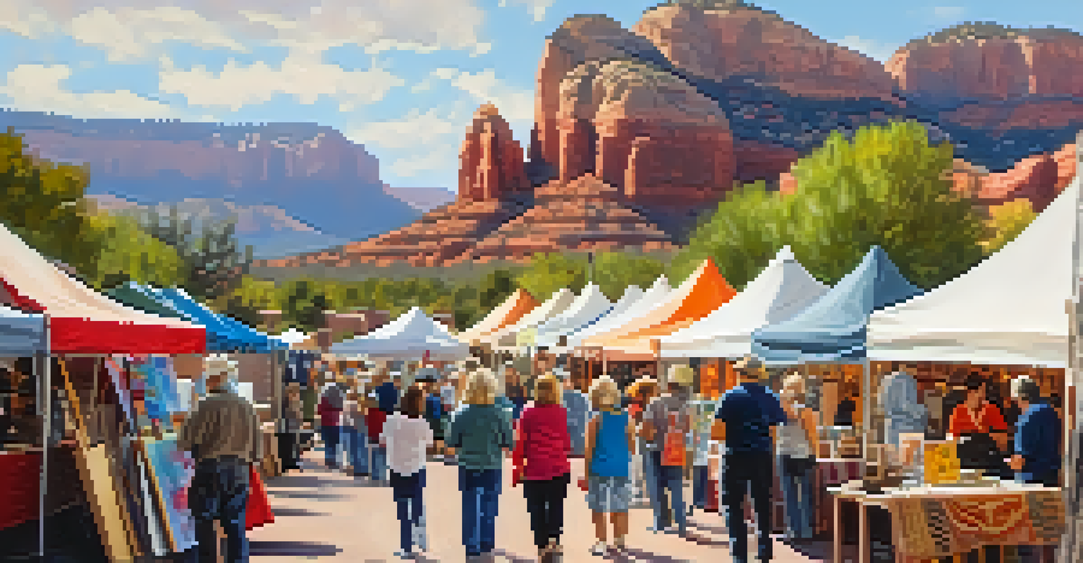 A community art fair in Sedona with artisans showcasing their work and engaging with visitors, filled with colorful banners and artwork.