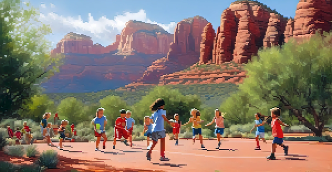 Children participating in a sports camp in Sedona, playing soccer and basketball against a backdrop of red rock formations under bright sunlight.