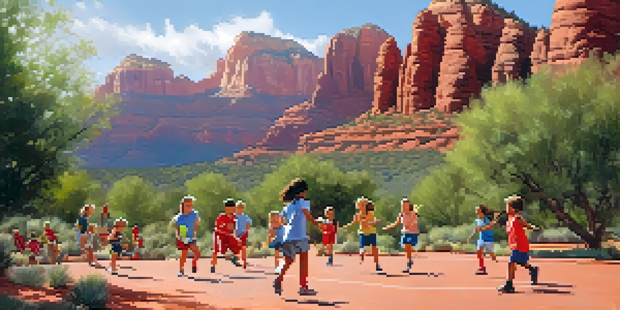 Children participating in a sports camp in Sedona, playing soccer and basketball against a backdrop of red rock formations under bright sunlight.
