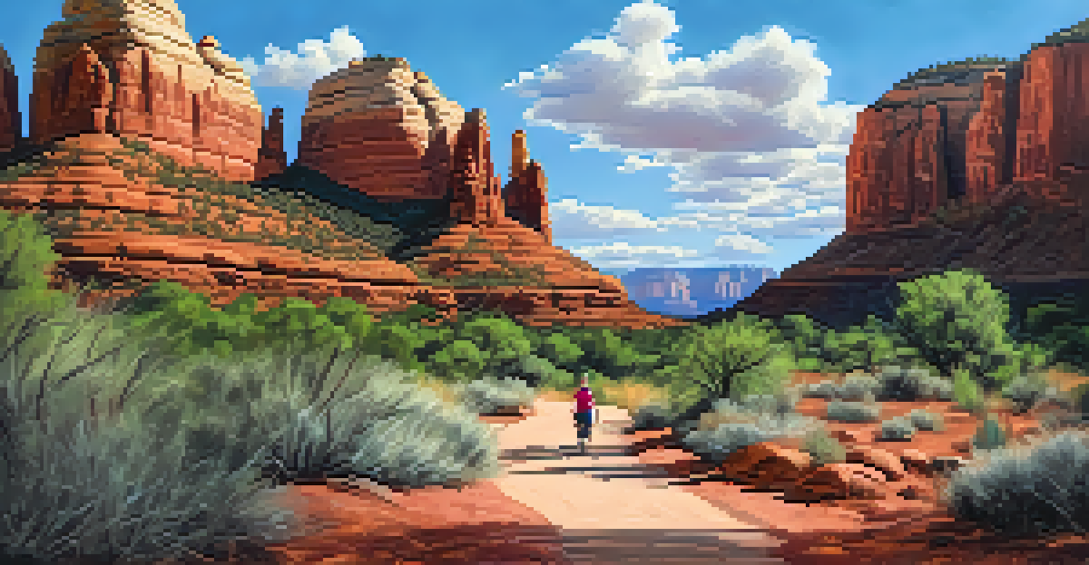 A wide hiking trail in Sedona with families enjoying the scenery and bright blue skies above the red rock formations.