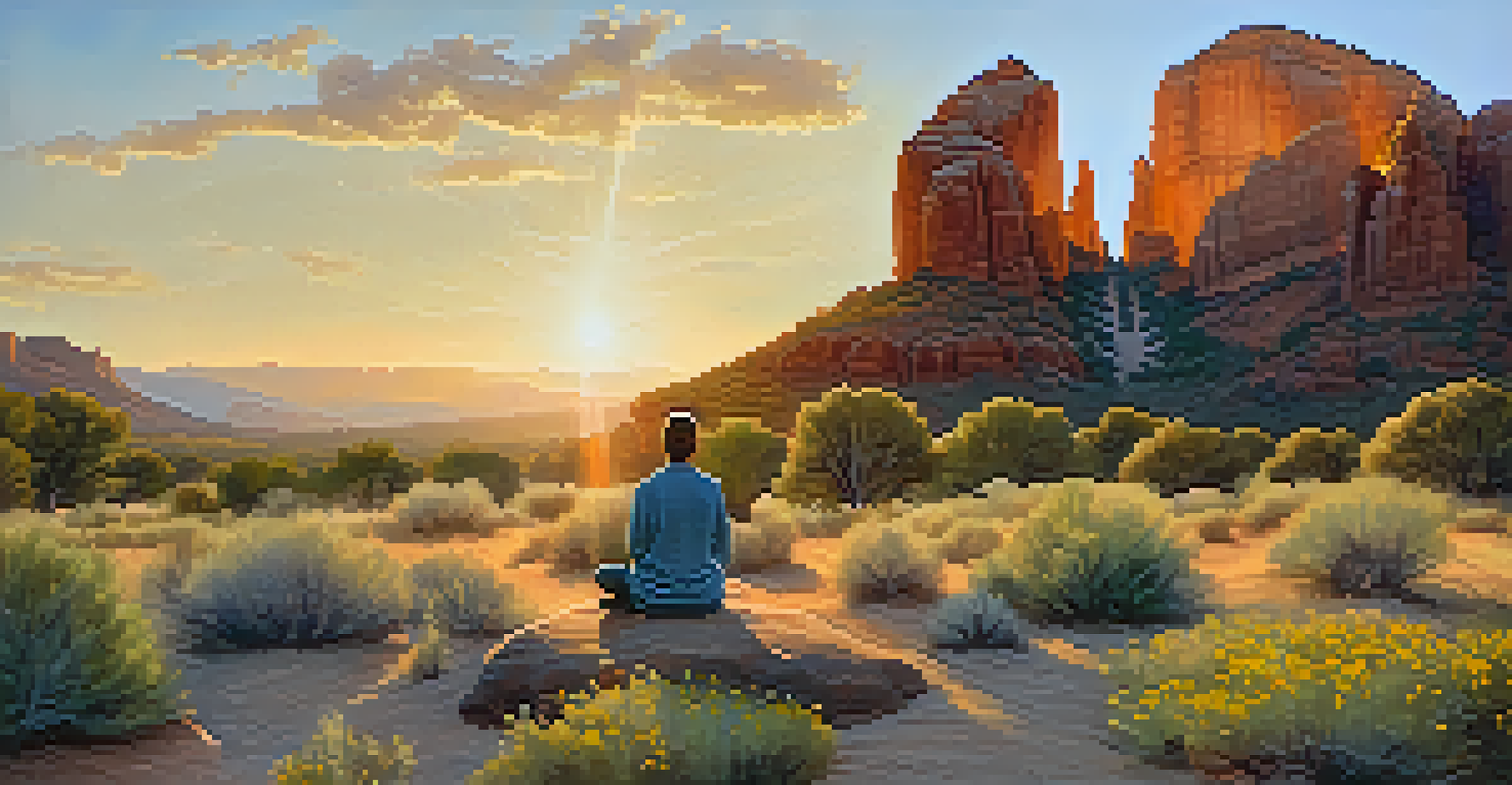 A person meditating on a rock at Cathedral Rock, surrounded by wildflowers and bathed in warm sunset light.