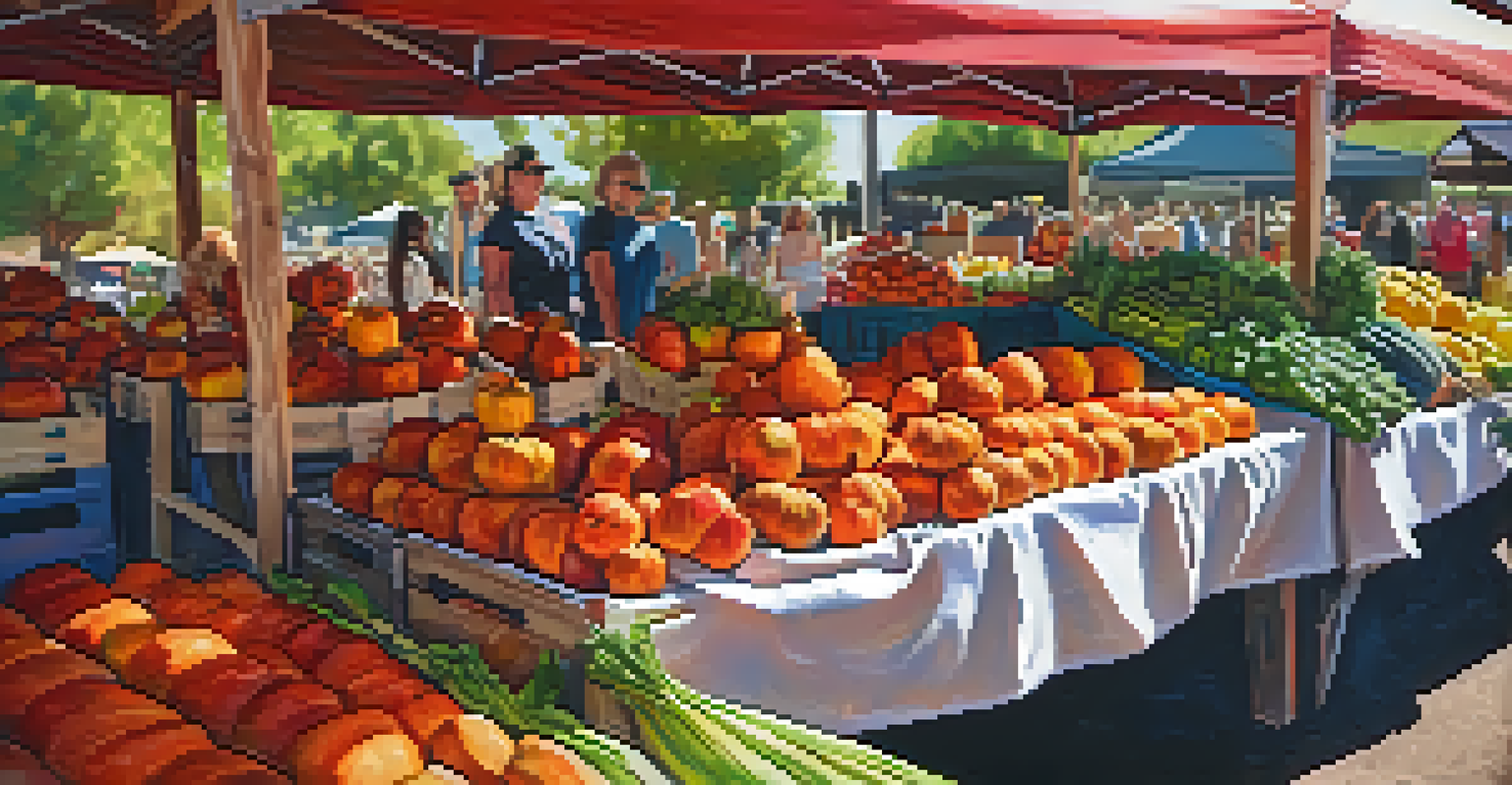 A vibrant farmers' market booth displaying fresh local produce, including apples and pumpkins, with rustic wooden crates.