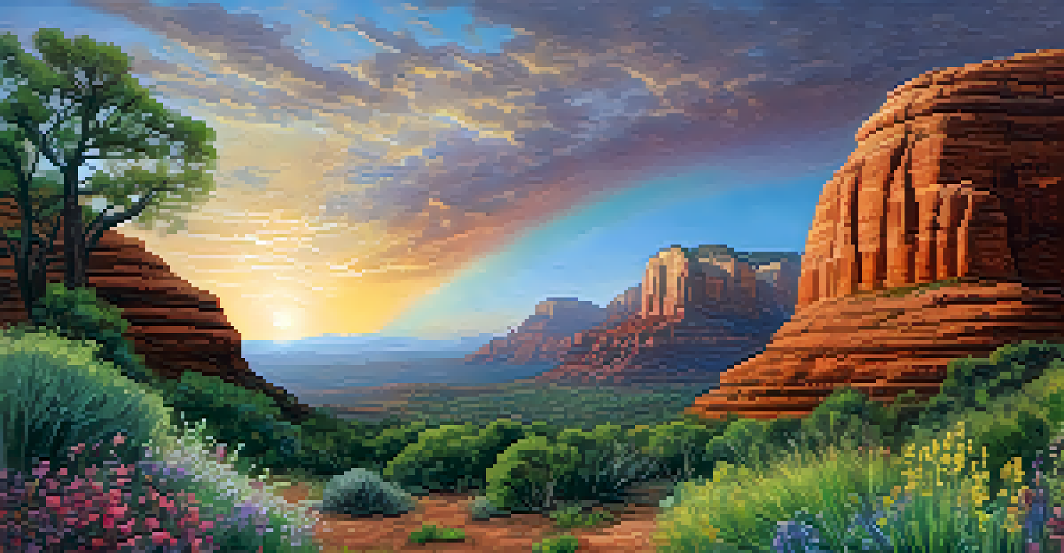 A colorful artistic illustration of an energy vortex in Sedona, with swirling colors around a rock formation and blooming flowers.