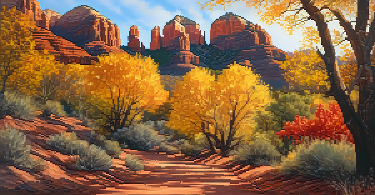 A winding hiking trail in Sedona surrounded by vibrant autumn foliage, with red rock formations in the background glowing in the afternoon light.
