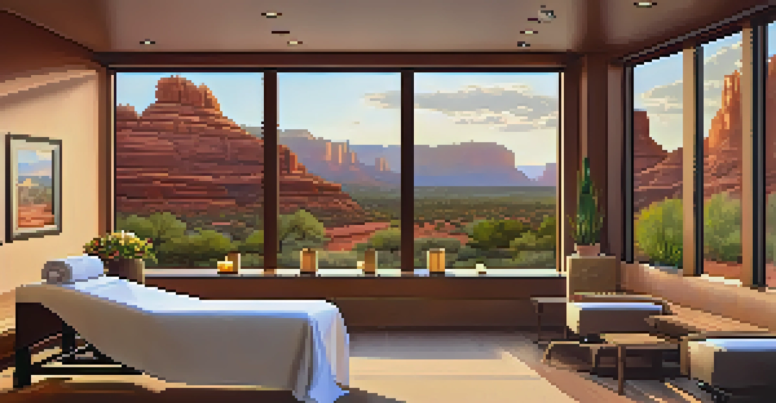 A luxurious wellness spa interior at Mii amo, showcasing a massage room with calming decor and views of red rocks.