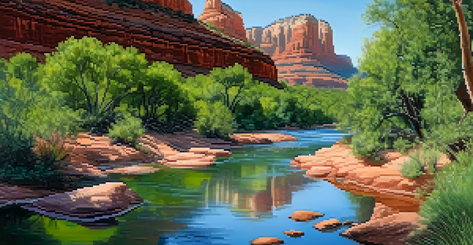 A peaceful river scene in Sedona with lush vegetation, blooming wildflowers, and red rock formations in the background.