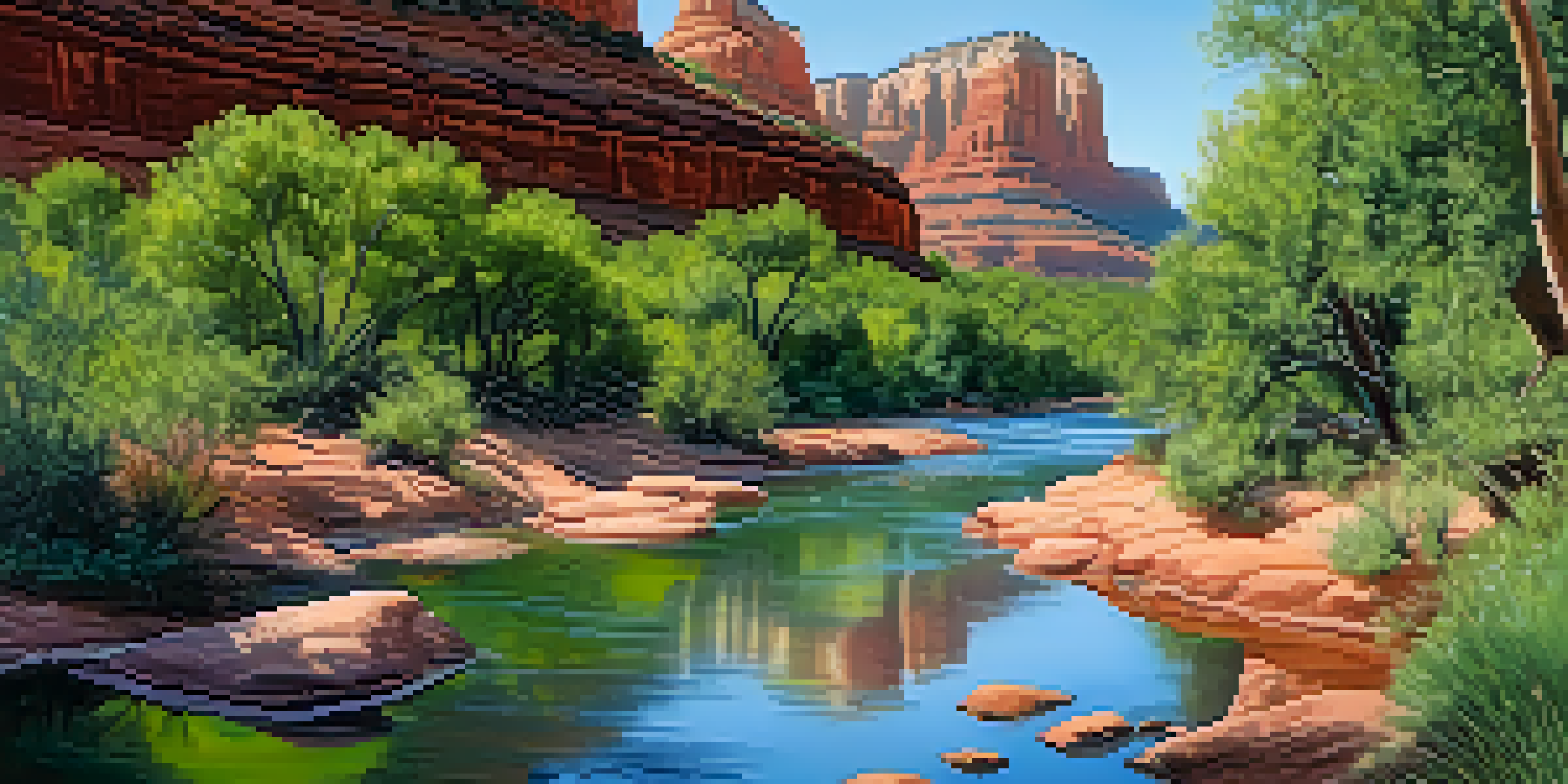 A peaceful river scene in Sedona with lush vegetation, blooming wildflowers, and red rock formations in the background.