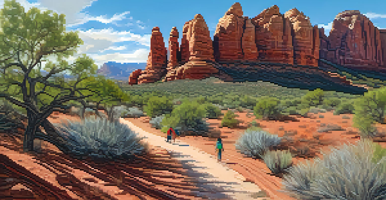A family hiking on a trail surrounded by iconic red rock formations and vibrant green plants.