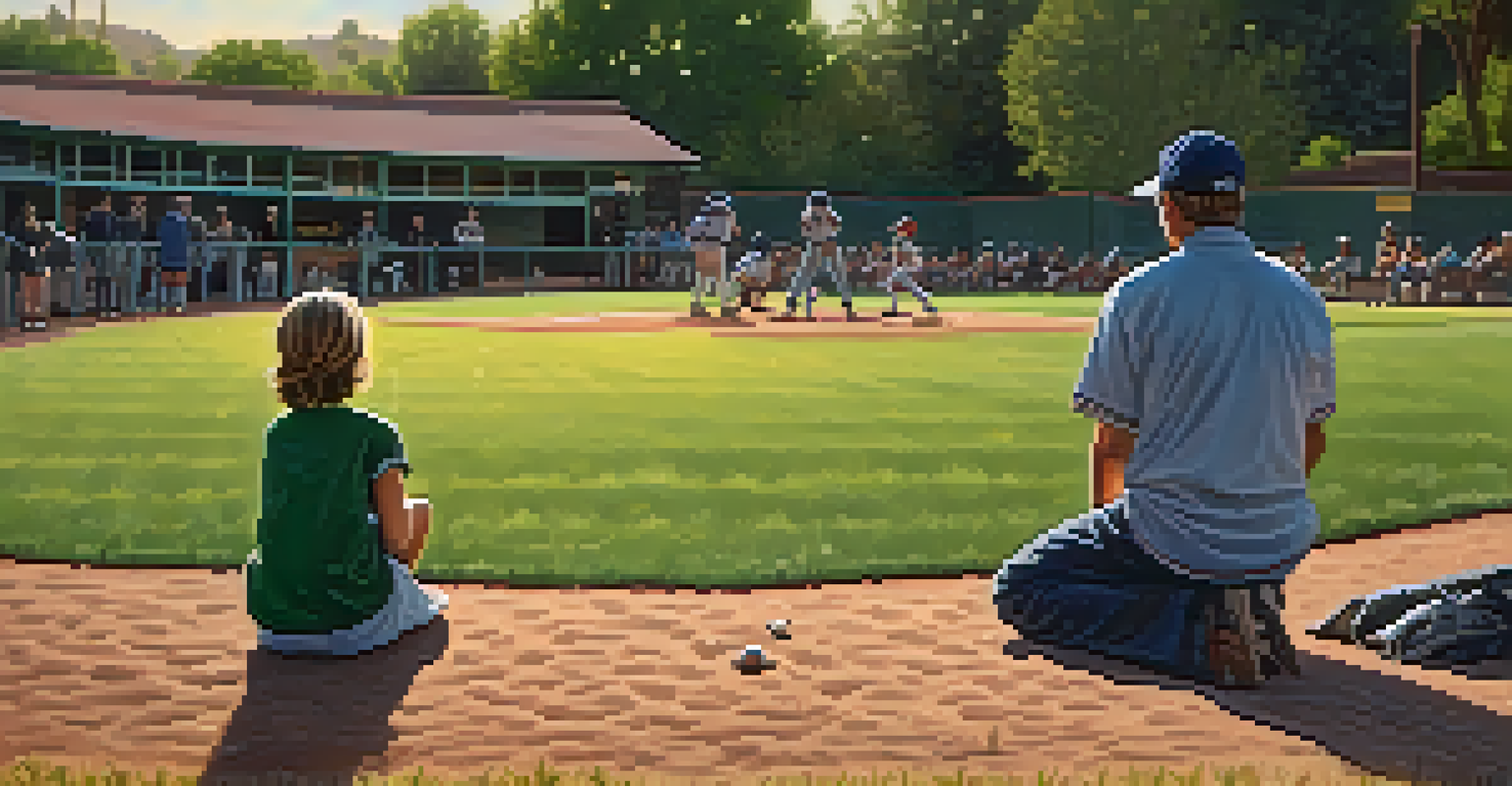 A family watching their child practice baseball on a sunny afternoon, with a parent cheering and younger siblings playing nearby.