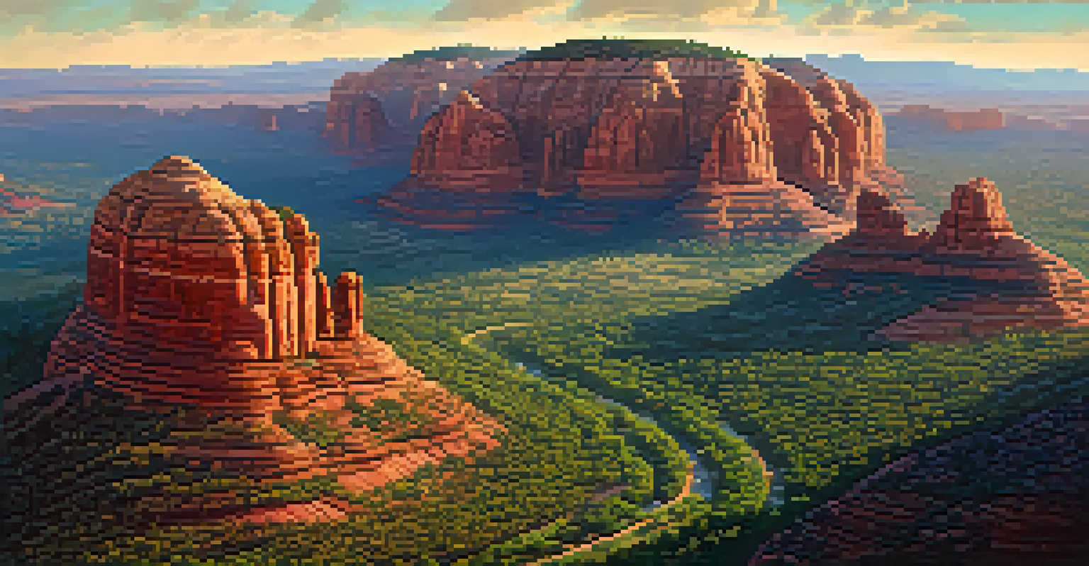 An aerial view of Sedona's red rock landscapes from a hot air balloon, showcasing vibrant colors and formations under the morning sun.