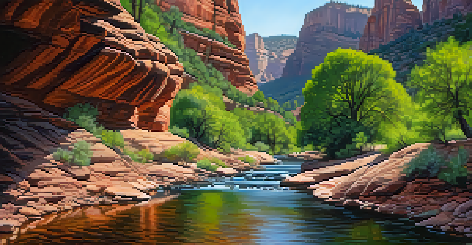 Oak Creek Canyon displaying red rocks and lush greenery, with sunlight filtering through trees.