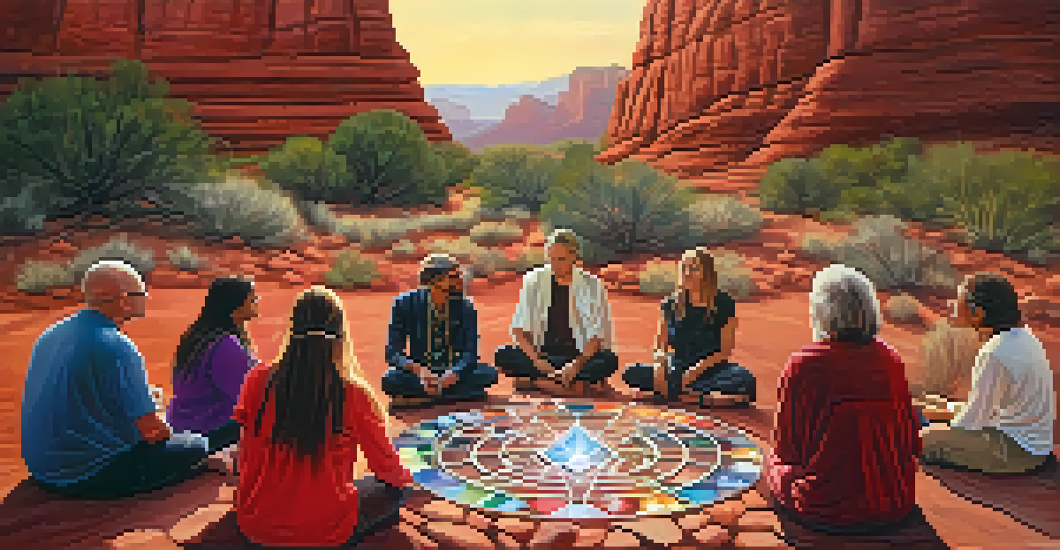 A group of people holding gemstones during a crystal grid ceremony outdoors in Sedona, with red rocks in the background.