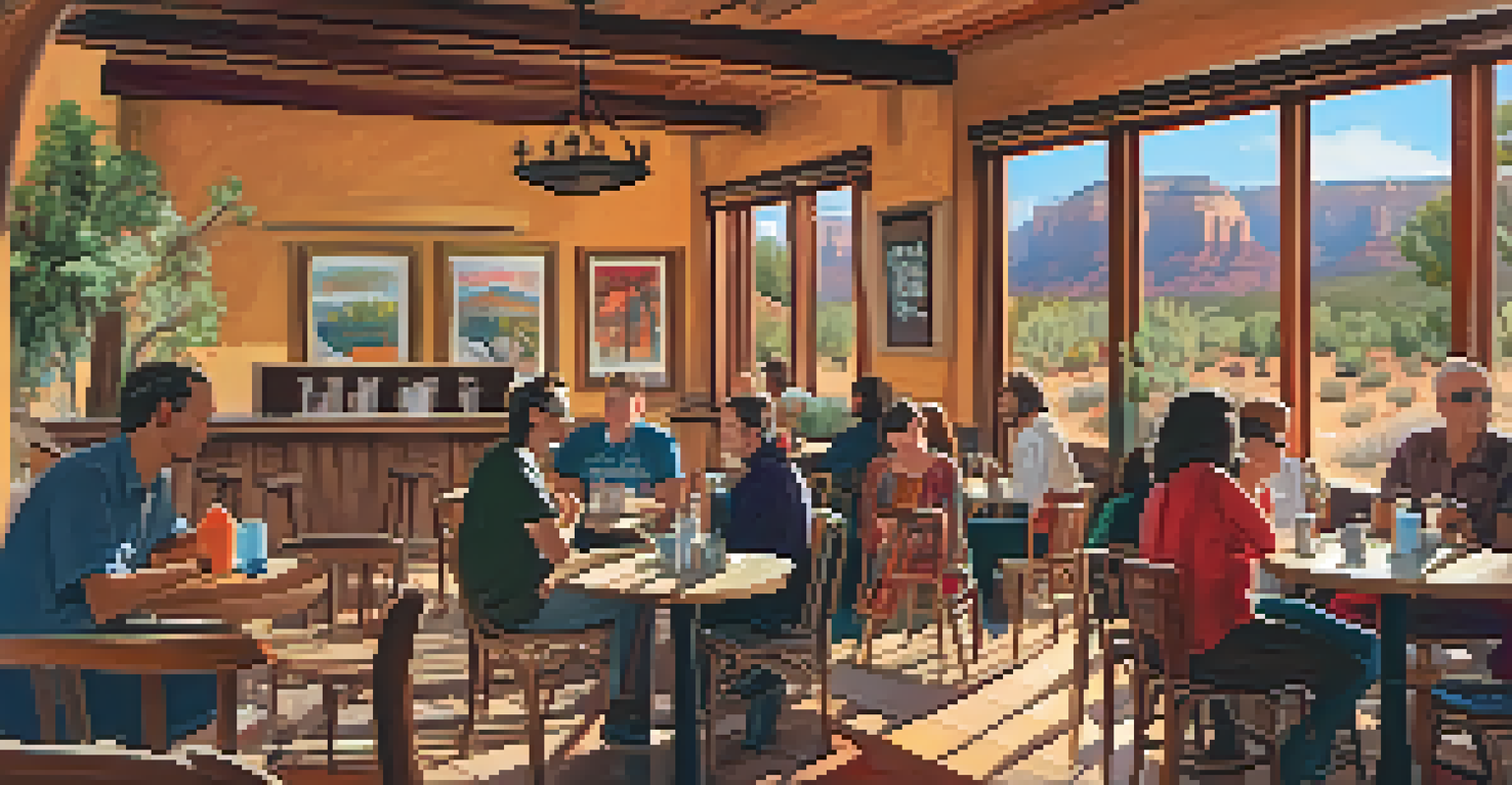 A rustic café during Sedona's film festival, filled with filmmakers and fans engaging in lively conversation over coffee.
