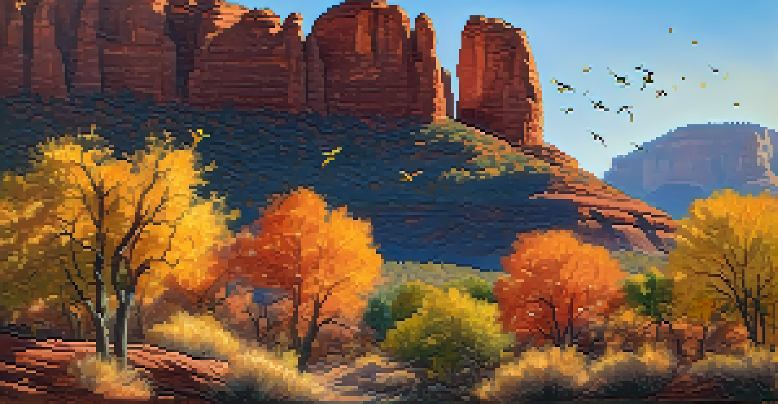 Vibrant autumn foliage in Sedona with red rock formations in the background and a flock of migratory birds flying in the sky.