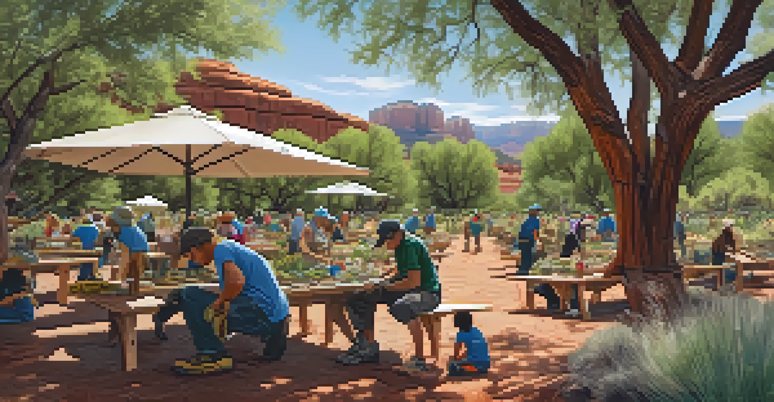 Volunteers of various ages participating in a conservation event in Sedona, planting native plants and cleaning up the area under a large tree.
