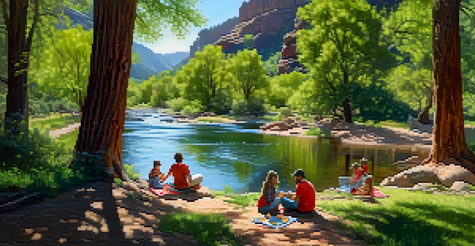 A family having a picnic by Oak Creek surrounded by greenery and children playing in the water.