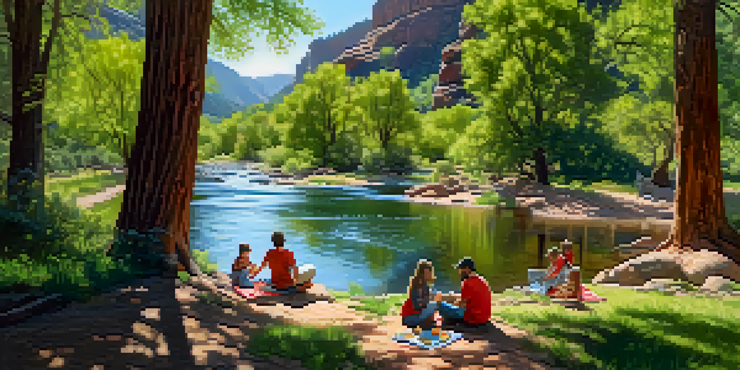 A family having a picnic by Oak Creek surrounded by greenery and children playing in the water.