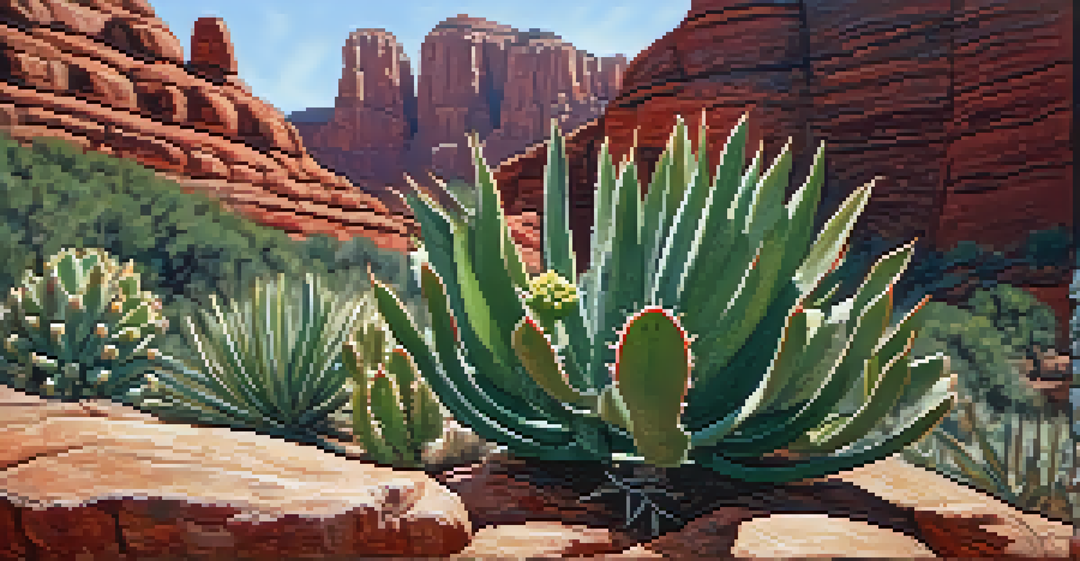 A close-up of a blooming cactus flower with red rocks in the background, showcasing intricate details and textures.