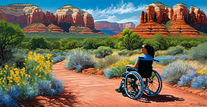 A wide view of Sedona's red rocks with colorful flowers in the foreground and a visible wheelchair-accessible path.