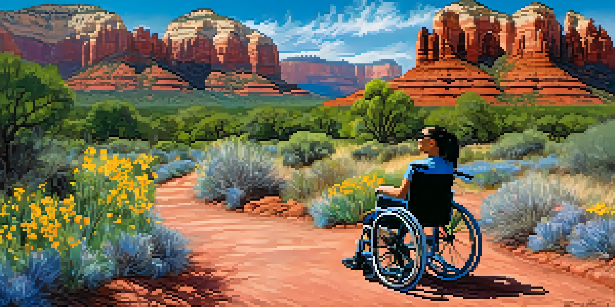 A wide view of Sedona's red rocks with colorful flowers in the foreground and a visible wheelchair-accessible path.