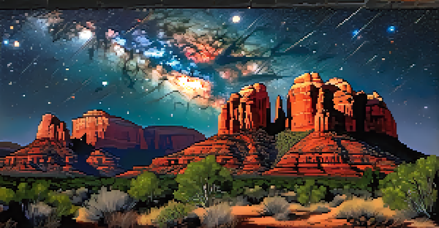 A stunning view of the Milky Way over Sedona's red rocks with silhouetted desert plants in the foreground.