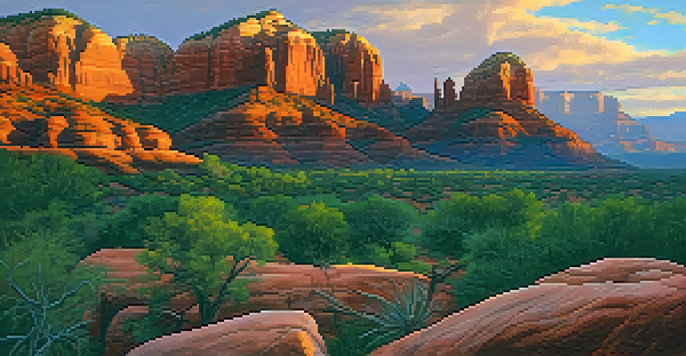 A scenic sunset view of Sedona's red rock formations, with a meditation spot on a ledge and vibrant colors in the sky.
