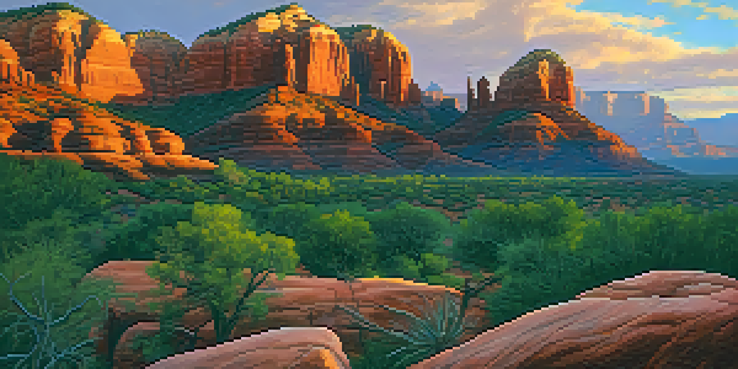 A scenic sunset view of Sedona's red rock formations, with a meditation spot on a ledge and vibrant colors in the sky.