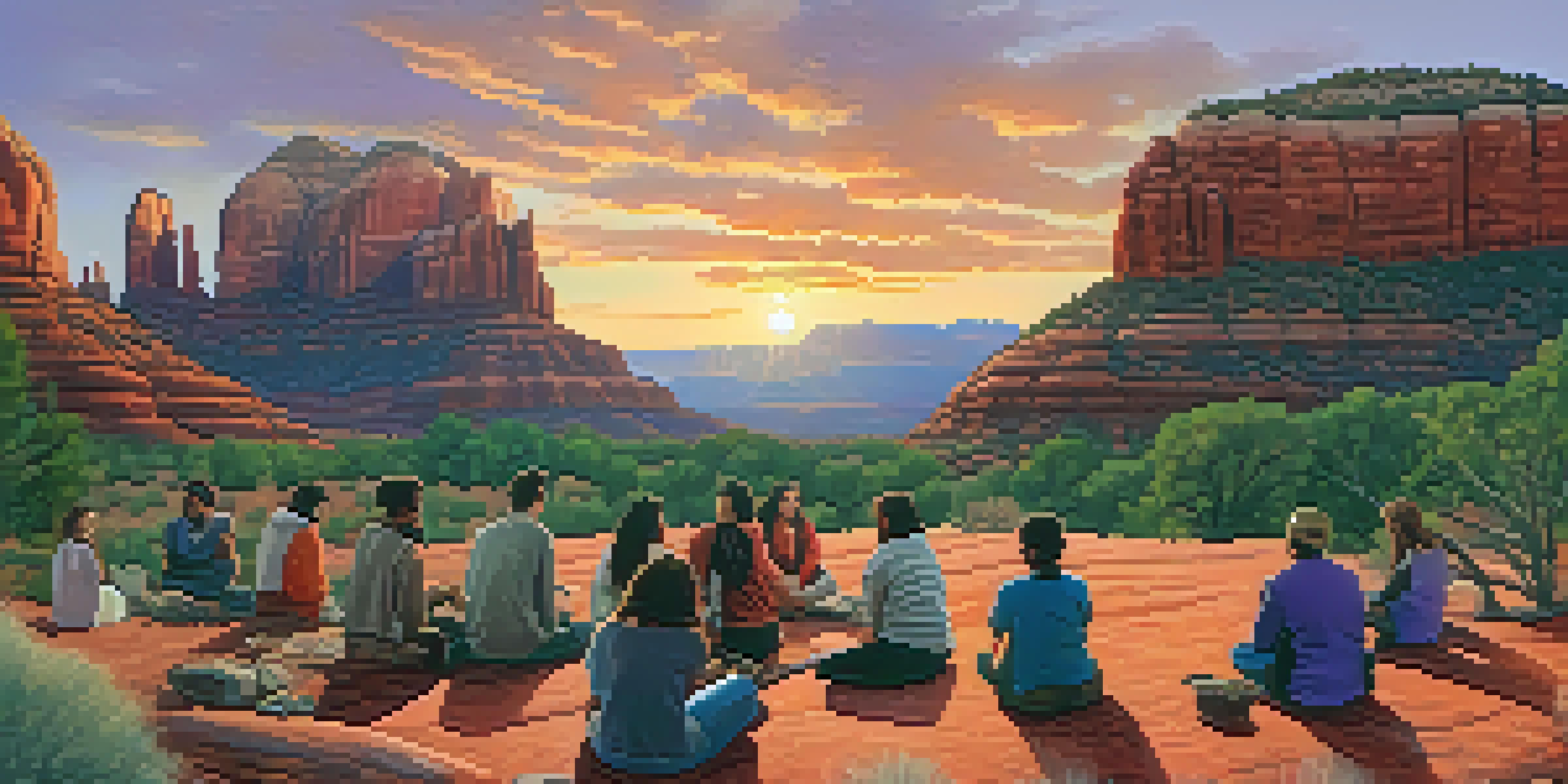 A sunset view of Sedona's red rocks with people participating in a cultural workshop, showcasing traditional crafts amidst native plants.