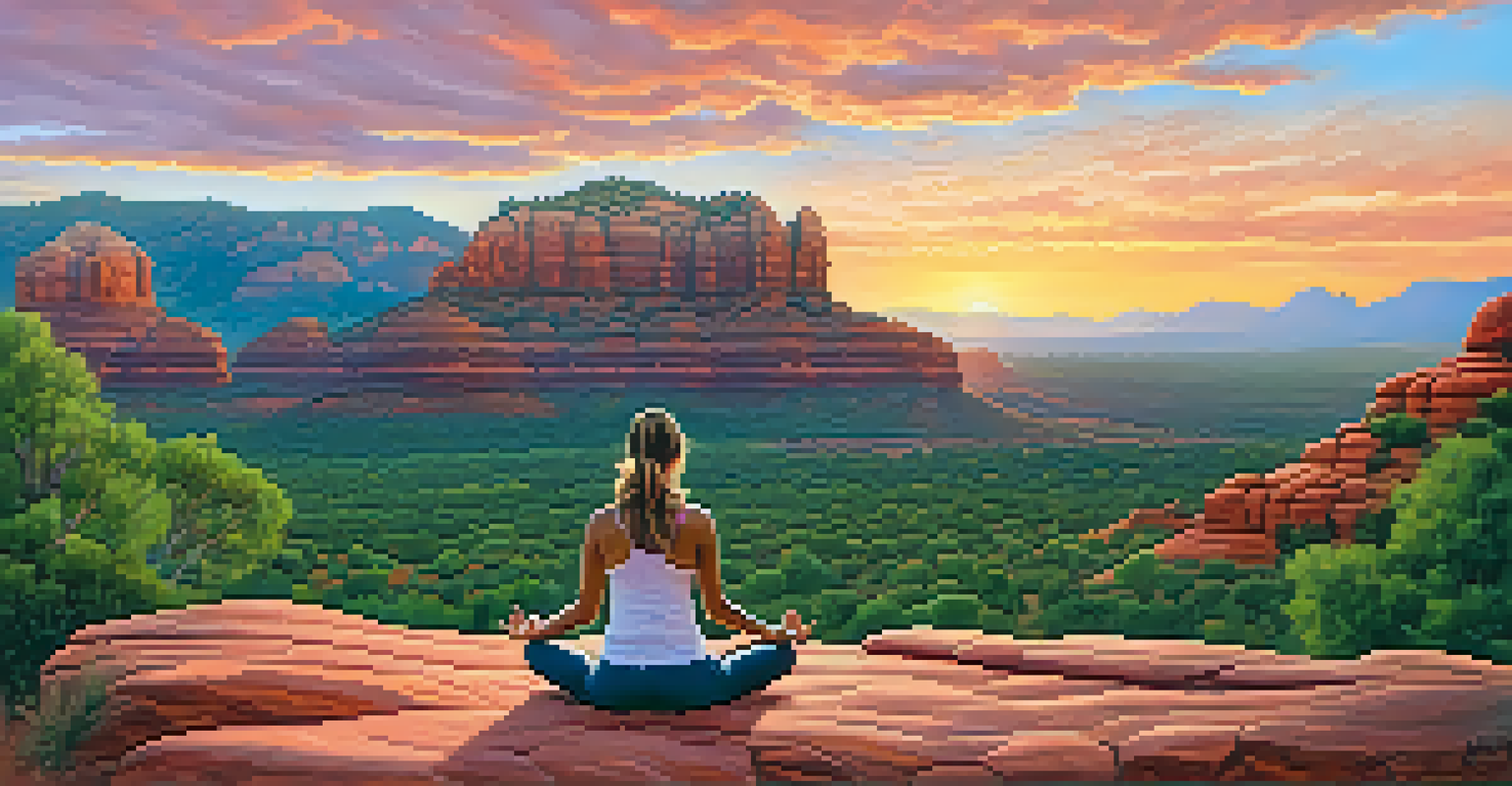 A person practicing yoga at sunrise in Sedona, surrounded by red rock formations and a colorful sky.