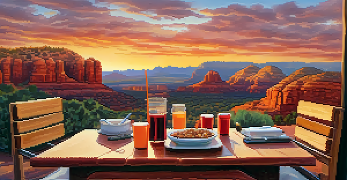 A happy dog sits beside a cozy outdoor dining setup at a pet-friendly restaurant in Sedona, with red rock formations and a warm sunset in the background.