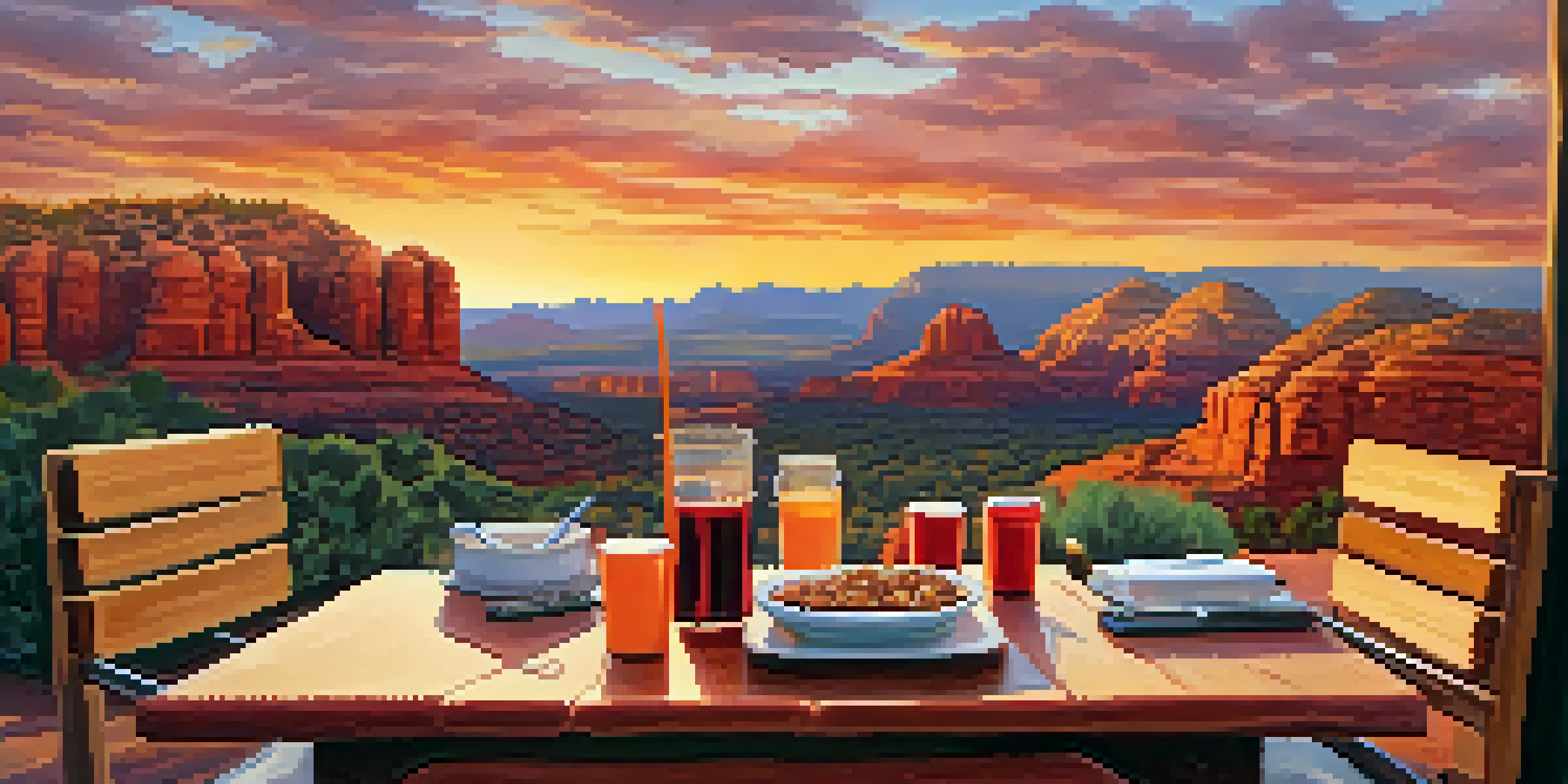 A happy dog sits beside a cozy outdoor dining setup at a pet-friendly restaurant in Sedona, with red rock formations and a warm sunset in the background.