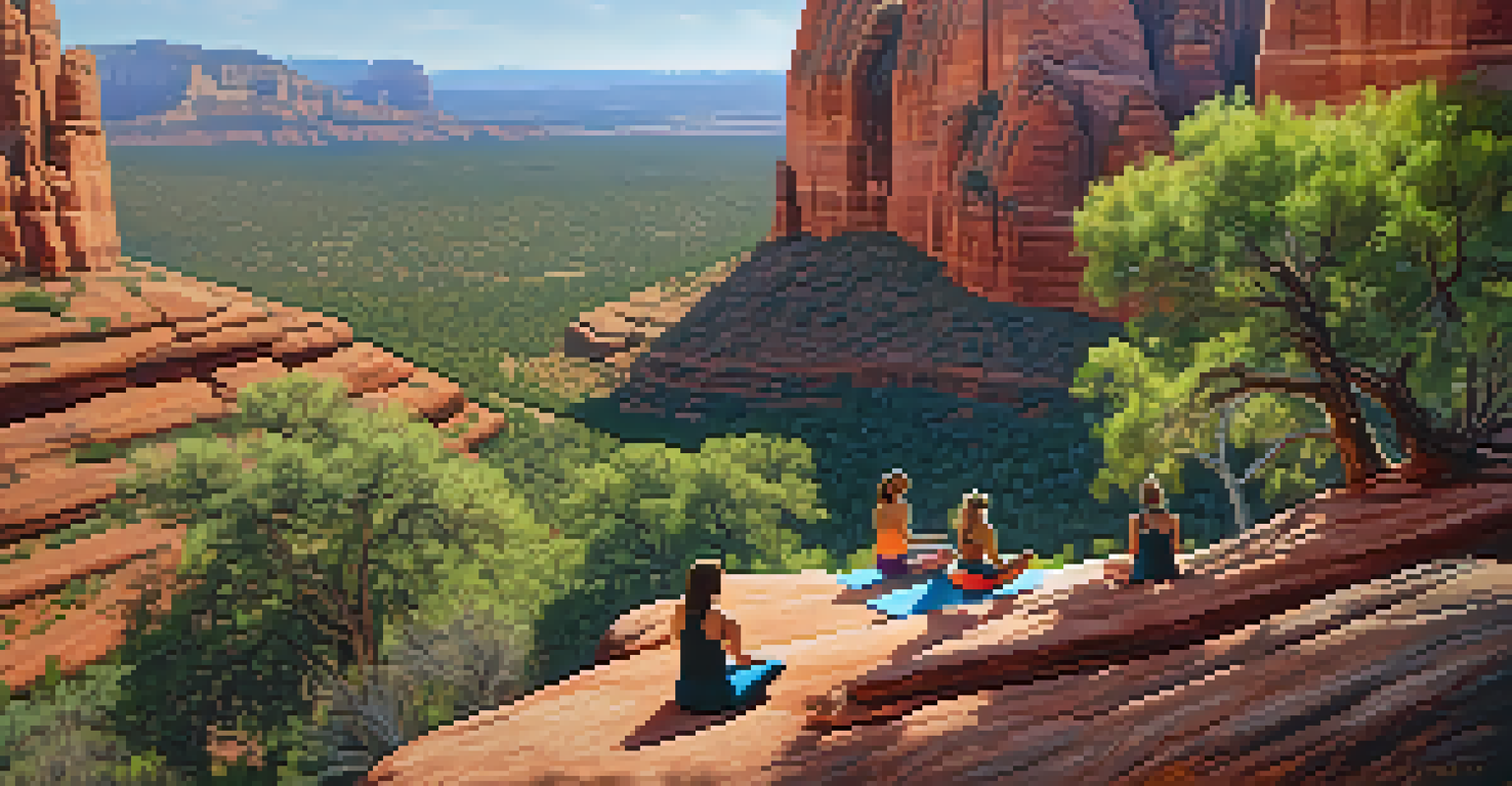Aerial view of Cathedral Rock in Sedona, with people practicing yoga on a plateau surrounded by greenery.